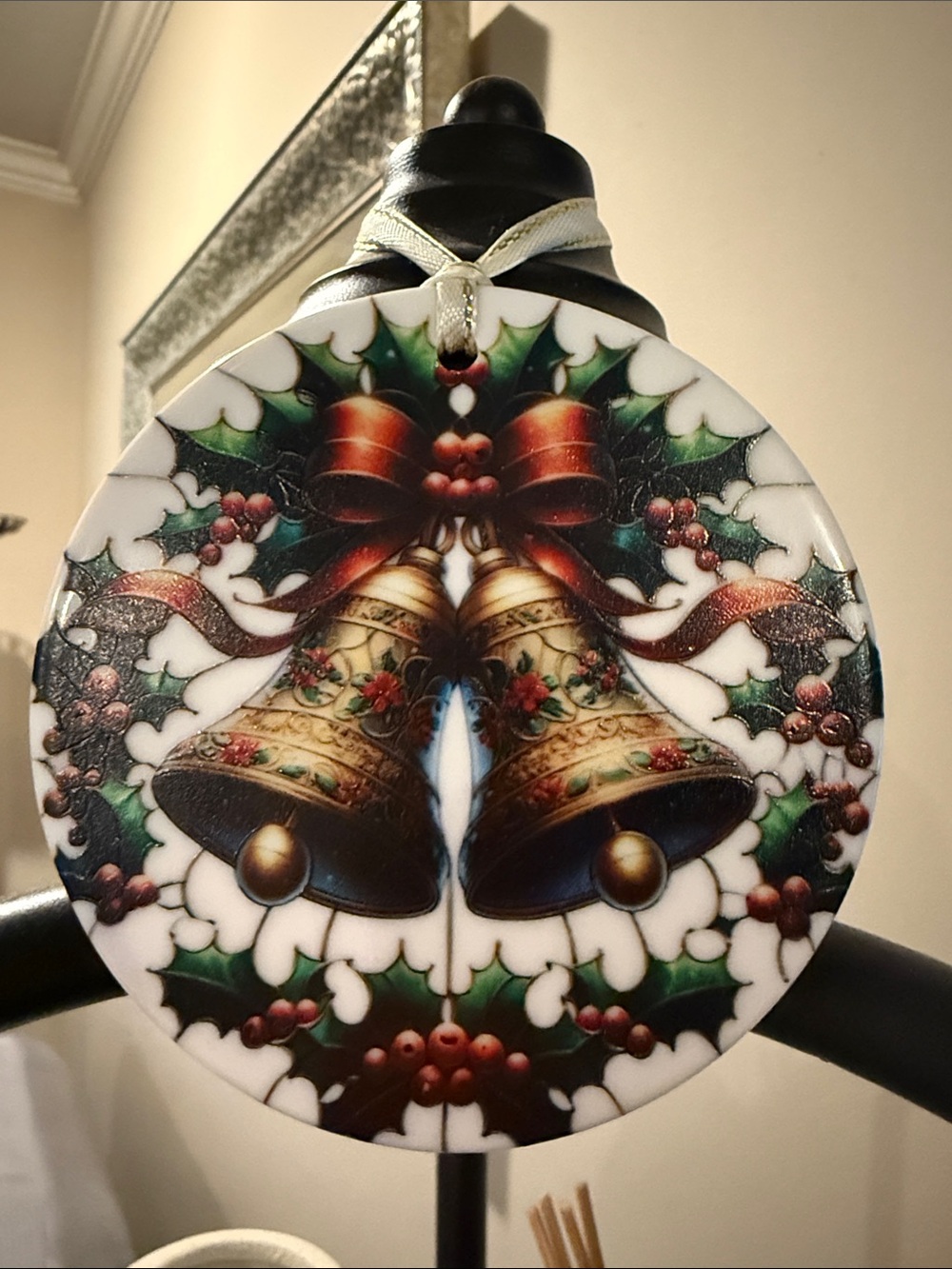 Holiday Bell Ceramic Ornament - Gold and Green - NIB
